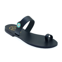 Load image into Gallery viewer, Black leather sandals with evil eye motif embellishment
