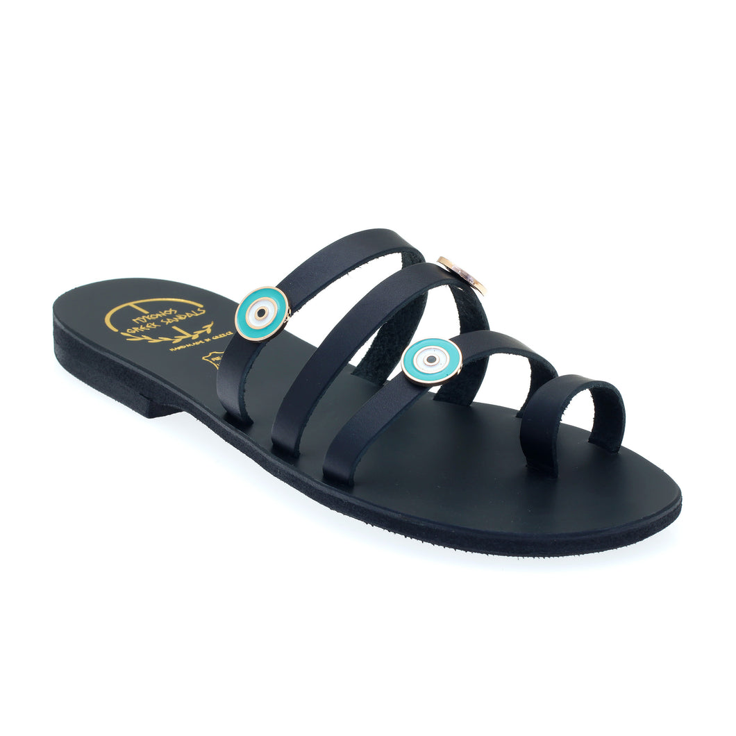 Black leather sandals with evil eye embellishments