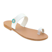 Load image into Gallery viewer, Off white leather sandals with evil eye motif embellishment
