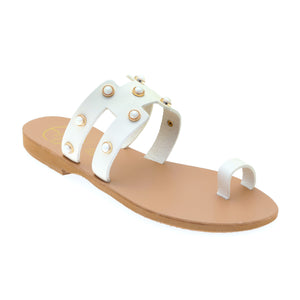 Off white leather sandals with pearl studs