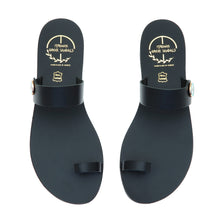 Load image into Gallery viewer, Black leather sandals with evil eye motif embellishment
