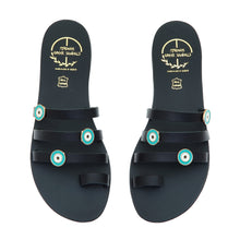 Load image into Gallery viewer, Black leather sandals with evil eye embellishments
