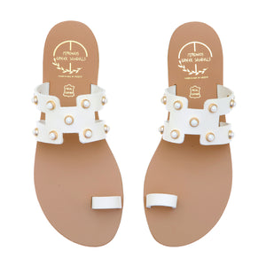 Off white leather sandals with pearl studs