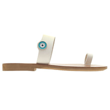 Load image into Gallery viewer, Off white leather sandals with evil eye motif embellishment
