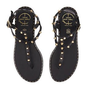 black leather sandals with studs for women