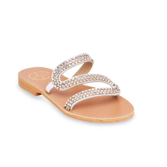 white flat leather sandals with strass