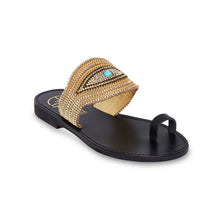 Load image into Gallery viewer, black leather sandals with golden strass for women
