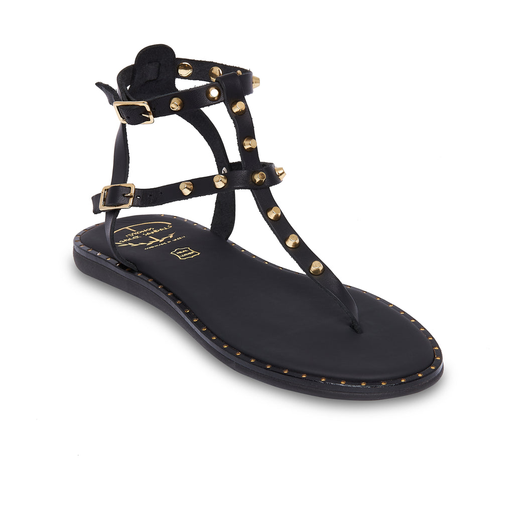 black leather sandals with studs for women