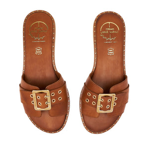 brown women leather sandals with studs