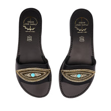 Load image into Gallery viewer, black leather sandals with strass for women
