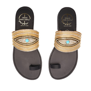 black leather sandals with golden strass for women