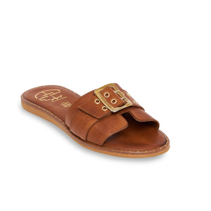 brown women leather sandals with studs