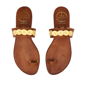 brown  leather sandals with golden ornaments for women