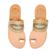 Load image into Gallery viewer, leather sandals with golden strass for women
