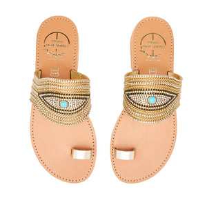 leather sandals with golden strass for women