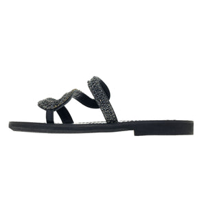 black leather sandals with strass for women
