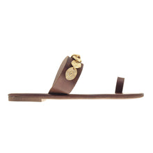 Load image into Gallery viewer, brown  leather sandals with golden ornaments for women
