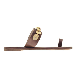 brown  leather sandals with golden ornaments for women