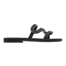 Load image into Gallery viewer, black leather sandals with strass for women
