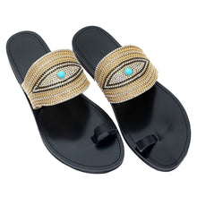 Load image into Gallery viewer, black leather sandals with strass for women
