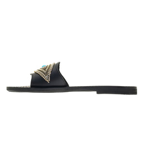black leather sandals with strass for women